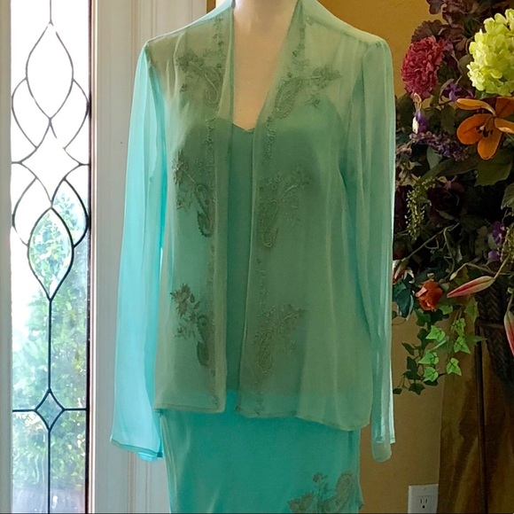 Silk Slip Dress in Tiffany Blue with Sheer Jacket Beaded Size 8 by Scala - Picture 10 of 16